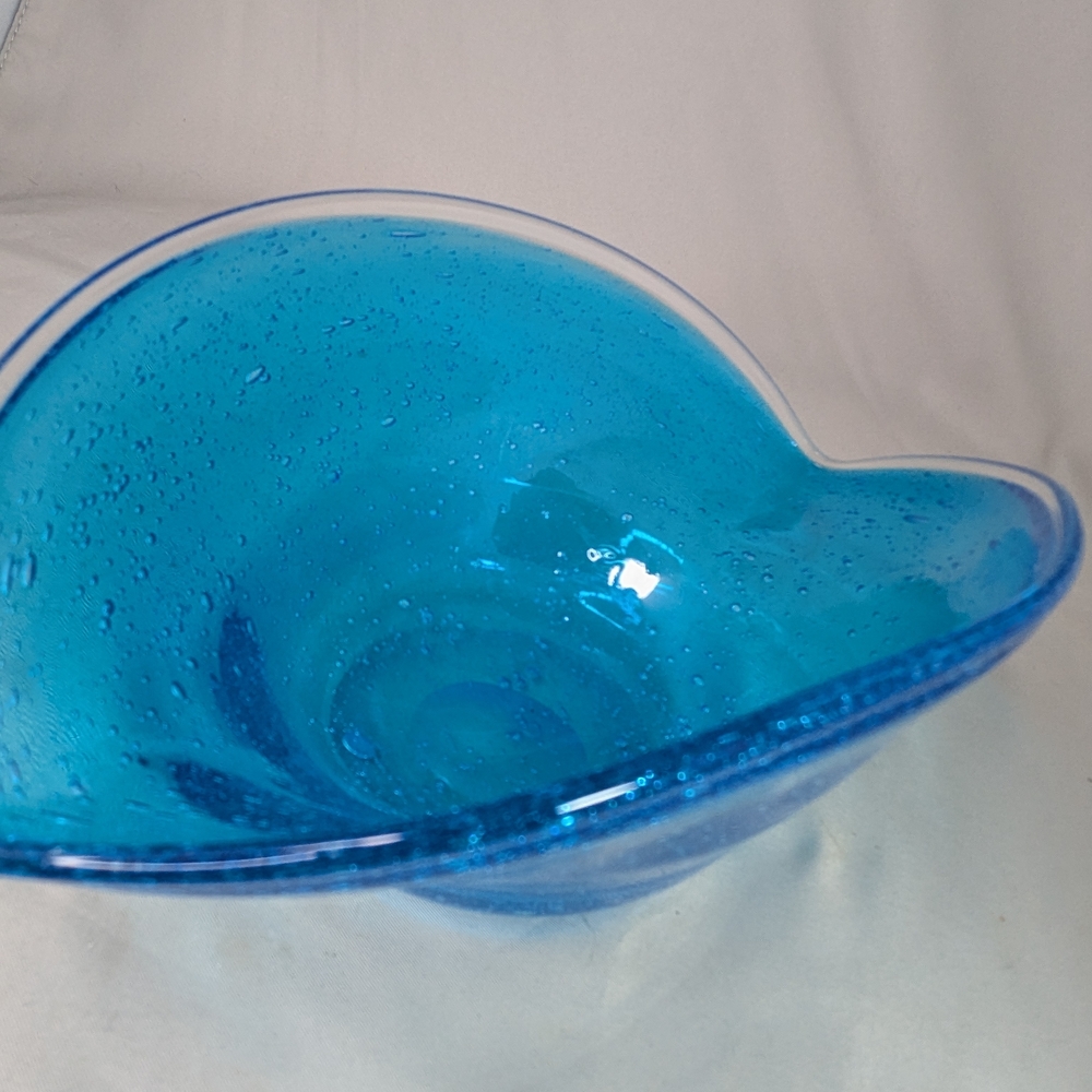 Vtg Blue Bubbled Glass Bowl Art Oblong Candy Dish Flower Vase Fruit Bowl - Picture 12 of 16